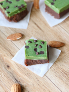 mint fudge squares. Brown on the bottom and green chocolate on top with chocolate chips
