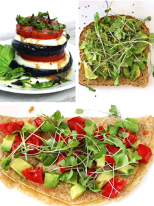 three pictures, one is mozarella, eggplant and tomatoes stacked, avocado toast with sprouts and quesadilla with microgreens