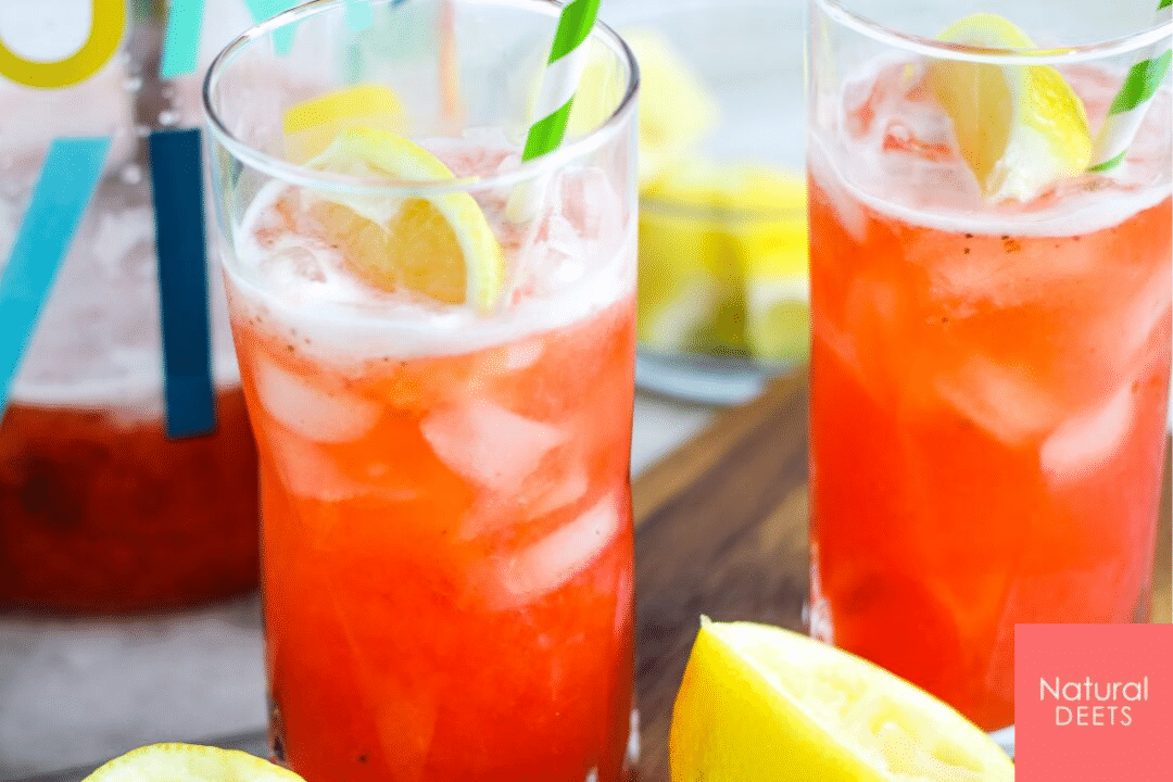 picture of two tall glasses of strawberry lemonade