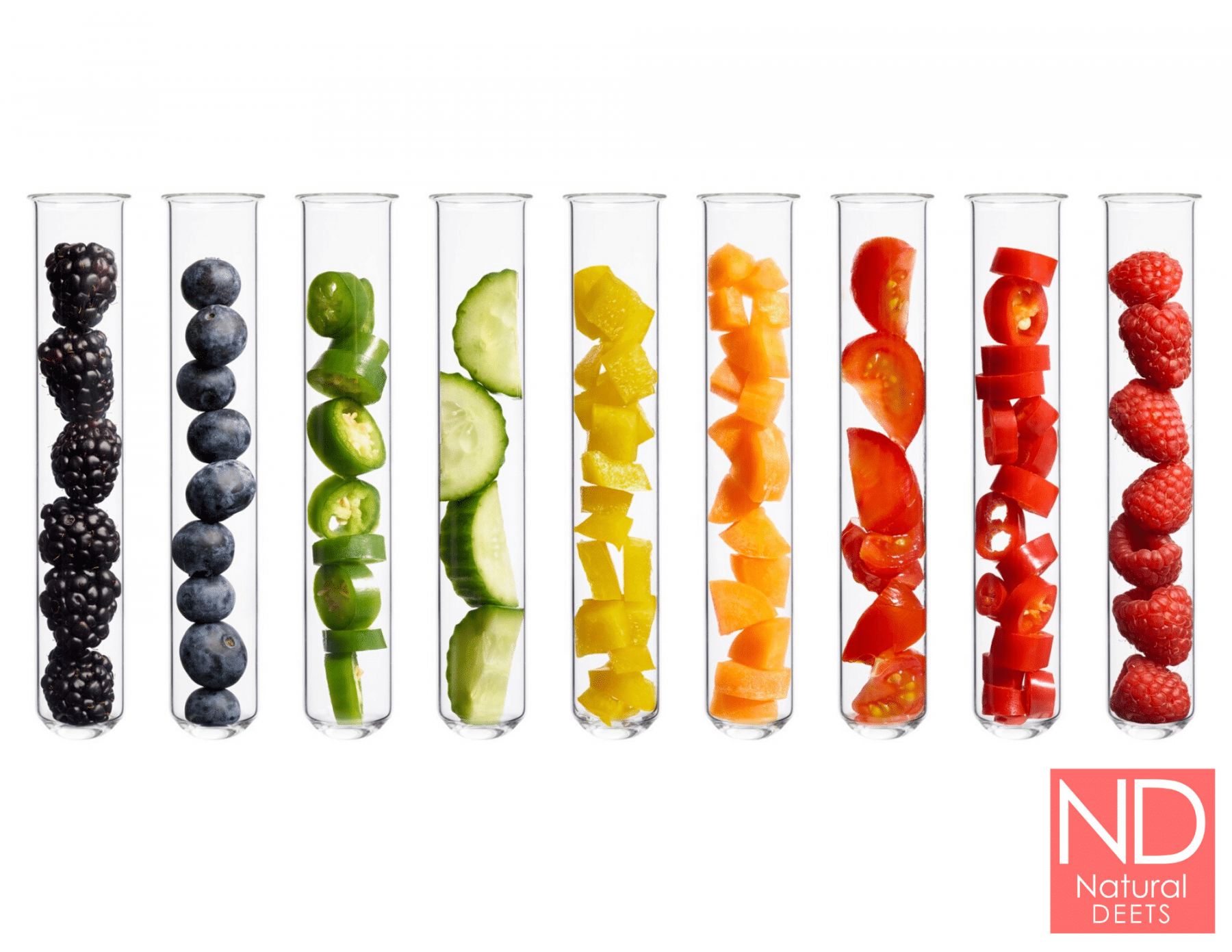 a picture of different colored fruits and vegetables in test tubes