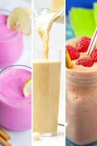 three pictures of smoothies. One of a pink dragon fruit, one of a yellow banana and one of a light pink raspberry smoothie