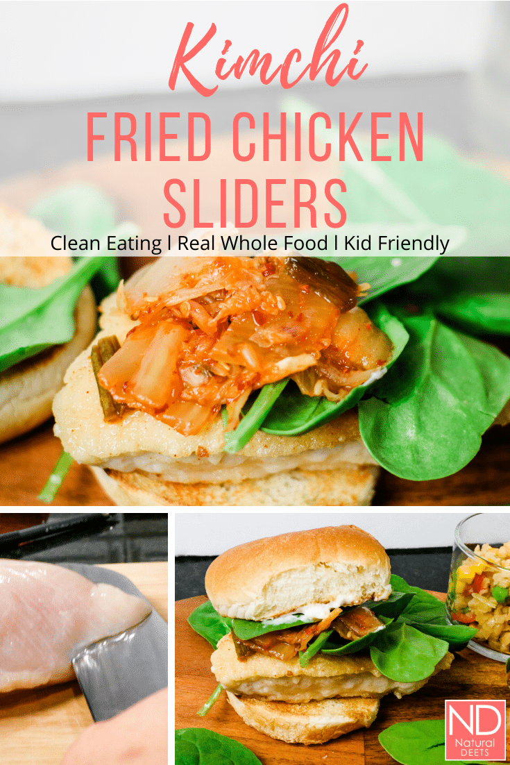 pinterest pin with 3 pictures of kimchi chicken slider