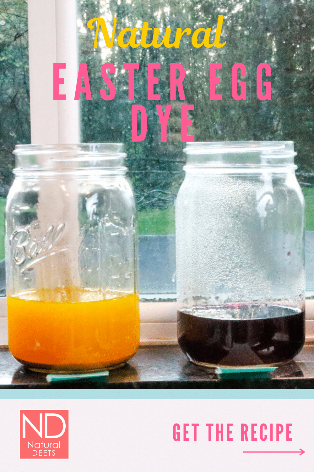 picture of one yellow and one blue egg dye in mason jars on a windowsill
