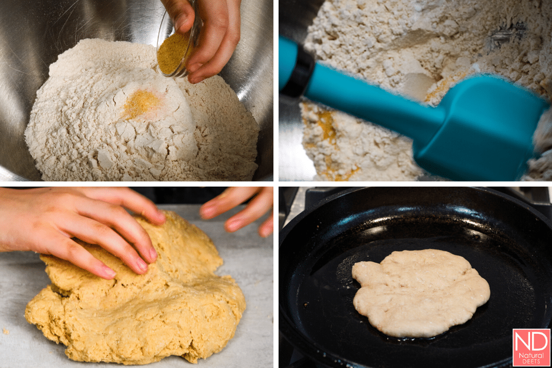 four pictures of how to make flatbread including mixing the ingredients, kneading and cooking in a saute pan