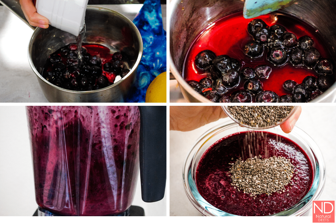 four pictures showing the process for making the jam. One is on the stove, one of the blender and one pouring in the chia seeds
