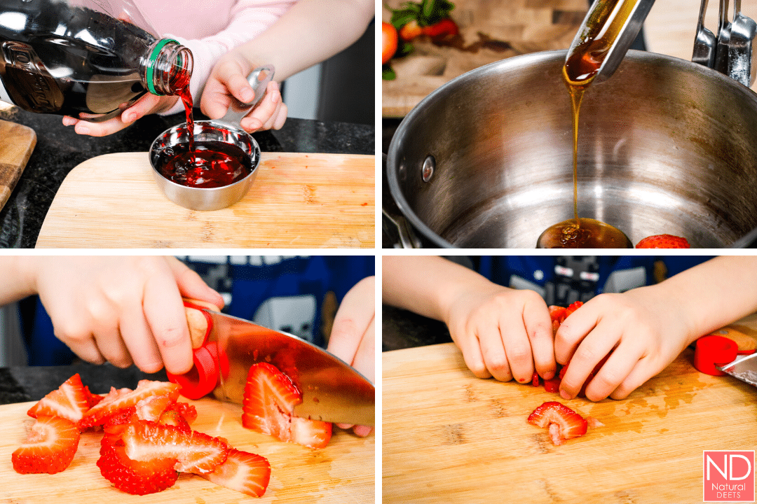 four process pictures of making the fruit snacks. One of pouring juice, one of honey pouring and two of cutting strawberries