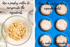 two pictures - one with all the crust ingredients mixed together and the second with the crust in a blue silicone muffin pan