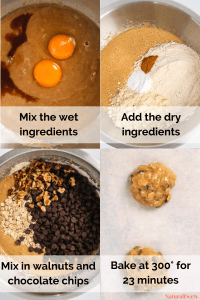 four pictures showing how to make chocolate chip cookies. It says mix the wet ingredients, add the dry ingredients, mix in walnuts and chocolate chips and bake at 300 for 20-23 minutes
