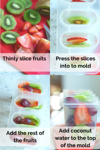 four pictures showing how to make popsicles that says thinly slice fruits, press the slices inot the mold, add grapes, fill with coconut water to rim