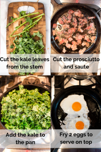 four pictures showing how to make the dish. Tehy day cut the kale leaves from the stem, cut teh prosciutto and saute, saute the kale and fry 2 eggs to place on top.