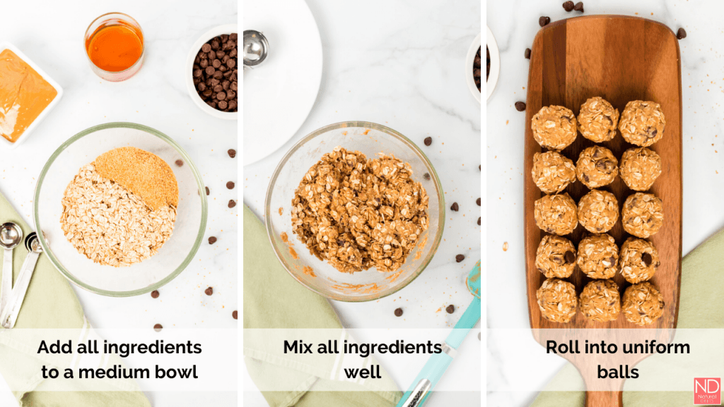three pictures showing how to make energy balls, add all ingredients to a medium bowl, mix well and form into uniform balls