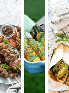 picture with 3 camping recipes, beef kebobs, grilled corn and a chicken wrap