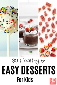 a pinterest pin with three vertical pictures. One with a cakepop, chocolate pudding and strawberry gummies. It says 30 healthy & easy desserts