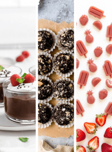 three vertical pictures with a chocolate pudding, chocolate muffins and strawberry gummies