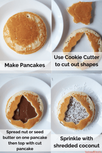 four pictures showing how to make christmas tree pancakes. Make the pancakes, use cookie cutter to cut out shape, spread nut butter on one pancake and place the pancake iwth cutout on top. Sprinkle with shredded coconut