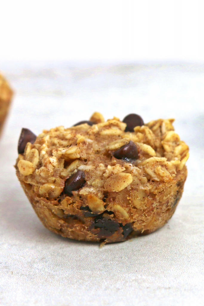 side view of a mini muffin with oatmeal and mini chocolate chips