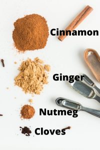 a top view of cinnamon, ginger, nutmeg and ground cloves on a white background labeled
