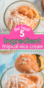 pinterest image with two pictures. The firs is a top view of the nice cream with coconut shreds and the otehr is a scoop of nice cream on a gold spoon. IT says the bast 5 ingredient tropical nice cream
