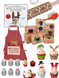 collage of the christmas items in the post. Some pieces are an apron, cookie rolling pin, book and piping tips