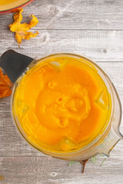 top view of a blender with pureed pumpkin