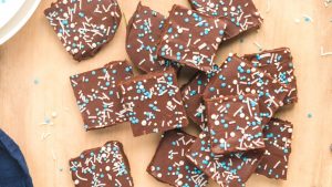 top view of fudge squares with blue and white sprinkles