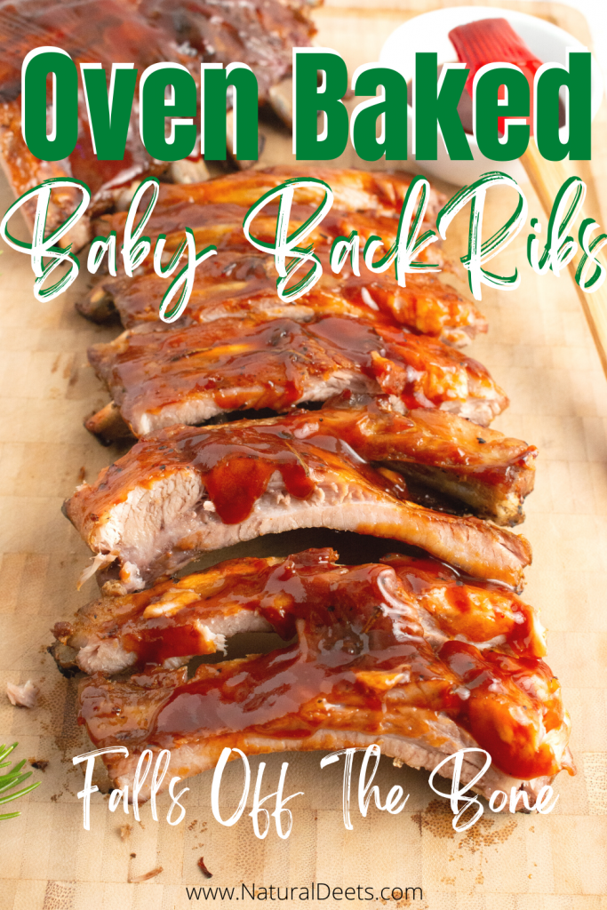pinterest pin with a picture of ribs that says oven baked baby back ribs