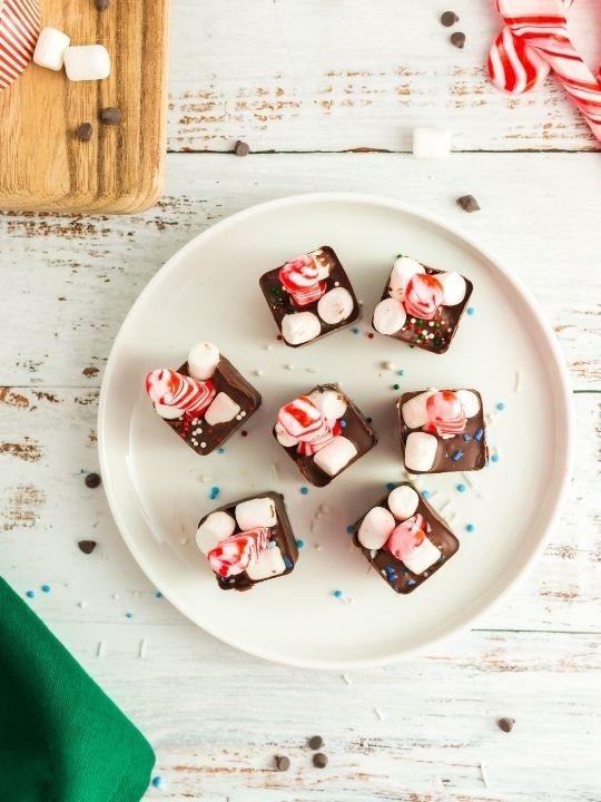 top view of 7 chocolate squares with peppermint sticks and marshmallows