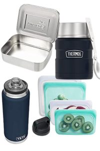 picture with four items - a thermox, stainless steel sandwich box, green and pink silicone bags and a dark blue water bottle