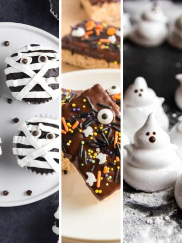 picture with three different recipes - a mummy cupcake, chocolate covered rice krispie treats and ghost meranges