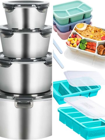 three different types of containers - one stainless steel set, large silicone ice tray and a portioned plate like a tv dinner