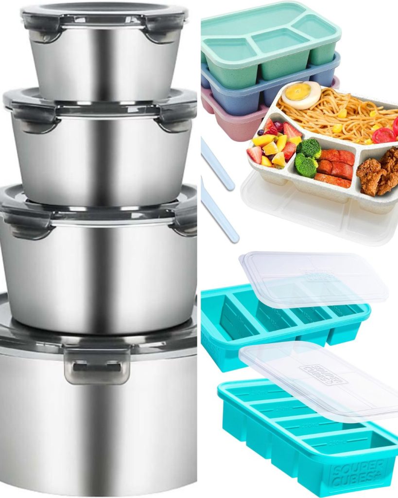 three different types of containers - one stainless steel set, large silicone ice tray and a portioned plate like a tv dinner