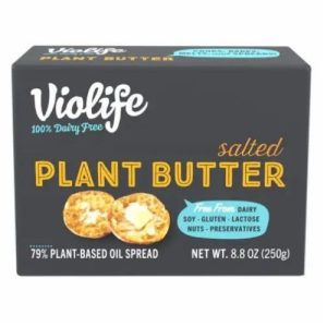 front view of a stick of butter in a wrapper that says Violife