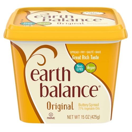 side view of a square tub of butter that says earth balance