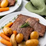 slices of cooked roast beef with potatoes